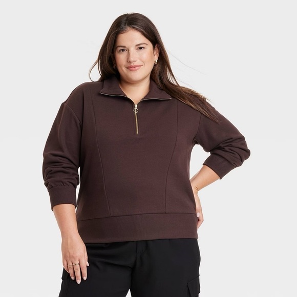 A New Day Women’s Quarter Zip Sweatshirt Brown - Picture 1 of 2